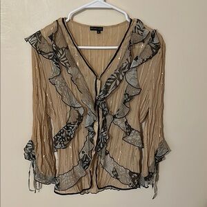 Piano 2000s Y2K Fairy Vintage Tan Ruffled Texture Long Sleeve Blouse Sequins MED